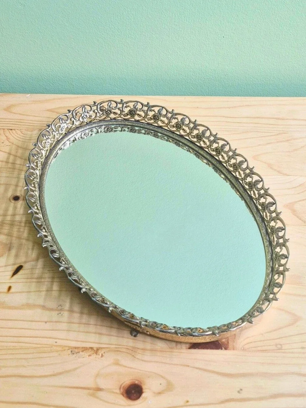 Vintage Oval Filigree Footed Vanity Mirror Tray